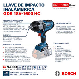 Bosch Llave De Impacto 18v 3/4 Gds 18 V-1600 Hc (sin Bateria - Sin Cargador) - Biturbo