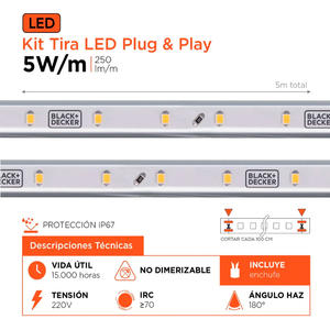 Tira De Led 5 Metros Blanco Frio Black+decker 6000k - 250 Lm/m 220v