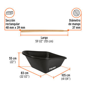 Truper Carretilla Bandeja Plastica 175 Lts Doble Rueda -  Negra 82 X 104 X 55 Cm