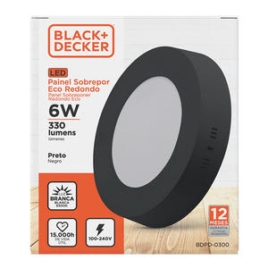Panel Led Redondo Aplicar 6w Luz Fria (negro) Black+decker