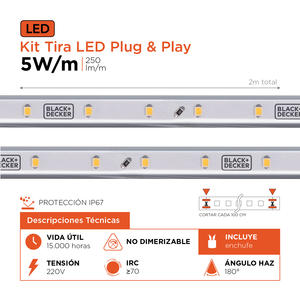 Tira De Led 2 Metros Blanco Frio Black+decker 6000k - 250 Lm/m 220v