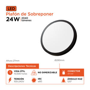Panel Led Redondo Aplicar 24w Luz Calida (negro) Black+decker