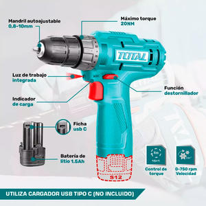 Total Atornillador Taladro 10mm 12v Percutor (1 Baterias)