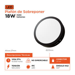 Panel Led Redondo Aplicar 18w Luz Fria (negro) Black+decker