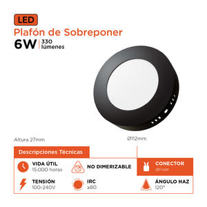Panel Led Redondo Aplicar 6w Luz Calida Black+decker