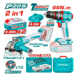 Total Combo Taladro Percutor 66nm + Amoladora 115mm (4-1/2") + 2 Bat 4ah + Cargador + Maletin