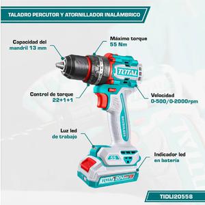 Total Atornillador Taladro Percutor 13 Mm - 20 V (2 Baterias - Cargador - Maletin)